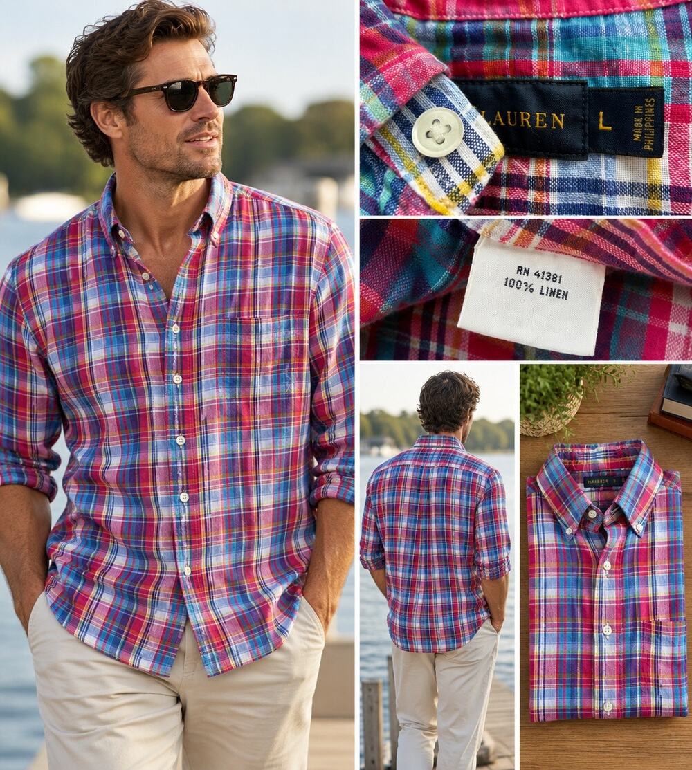 Ralph Lauren Men’s Large 100% Linen Madras Plaid Button Down Shirt Multicolor